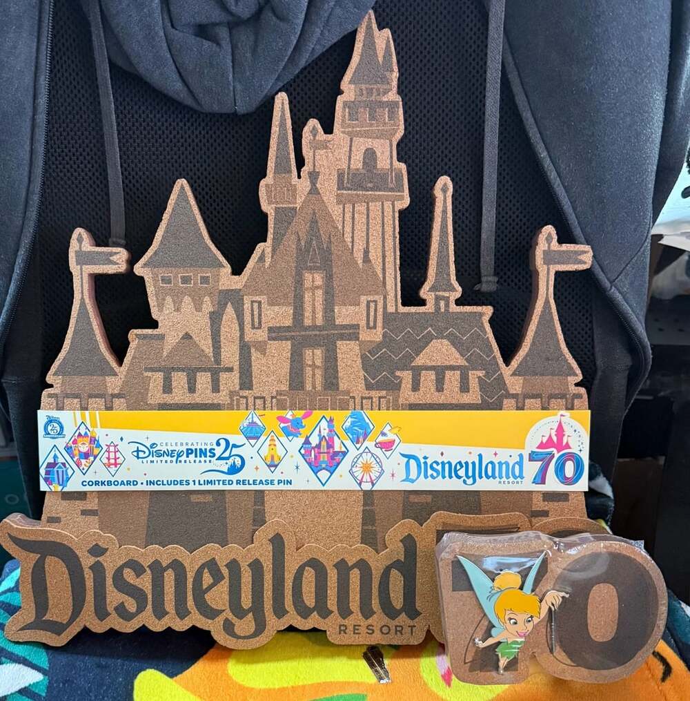 Disneyland 70th Anniversary Disney Pin Trader Cork Board w/ Tinker Bell Pin NEW